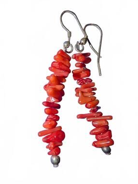 Handmade Red Coral Chip Dangle Earrings with Silver Accents